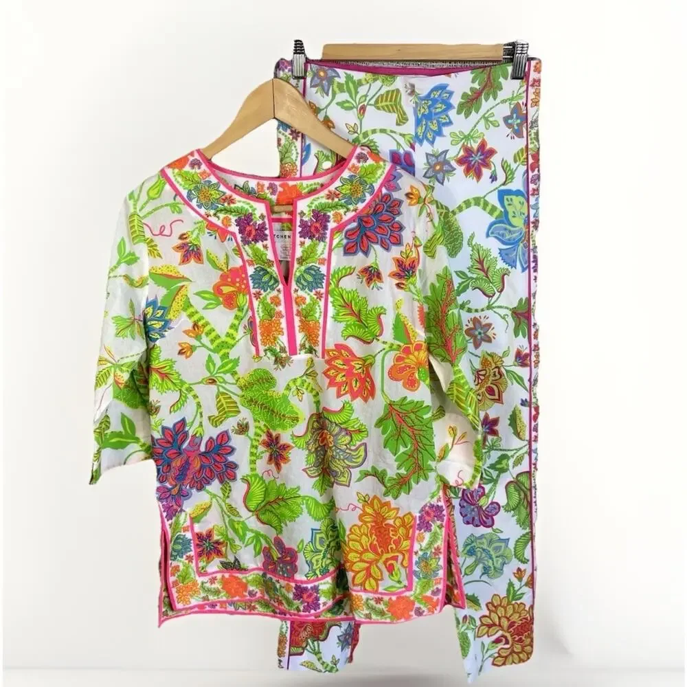 Gretchen Scott Glorious Split Neck Tunic Top & Pants Women’s Floral Small - Picture 2 of 16